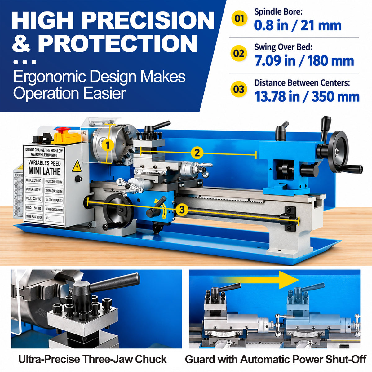 SIHAO Mini Metal Lathe Machine 550W, 7x14 Inch180x350mm Variable Speed Benchtop Lathe with 3-Jaw Chuck for Precision Metalworking, DIY Machining and Workshop Use