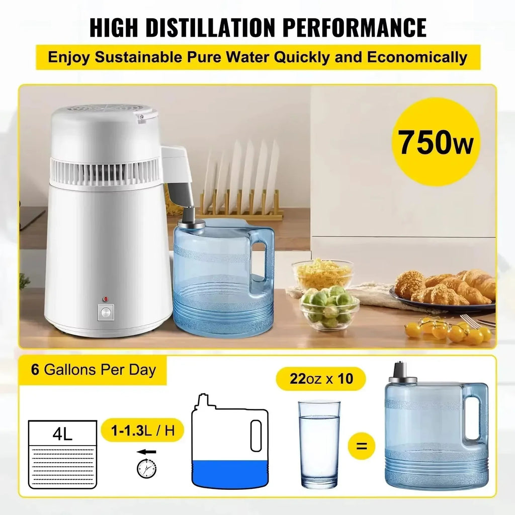 SIAHO 4L 220V Water Distiller Purifier 1L/h 304 Stainless Steel Auto Shut-Off for Essential Oil Extraction Dental Medical Home Use