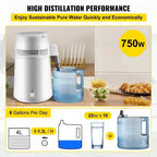 SIAHO 4L 220V Water Distiller Purifier 1L/h 304 Stainless Steel Auto Shut-Off for Essential Oil Extraction Dental Medical Home Use