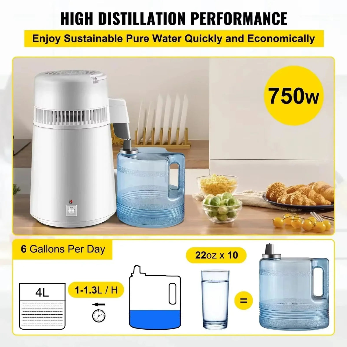 SIAHO 4L 220V Water Distiller Purifier 1L/h 304 Stainless Steel Auto Shut-Off for Essential Oil Extraction Dental Medical Home Use