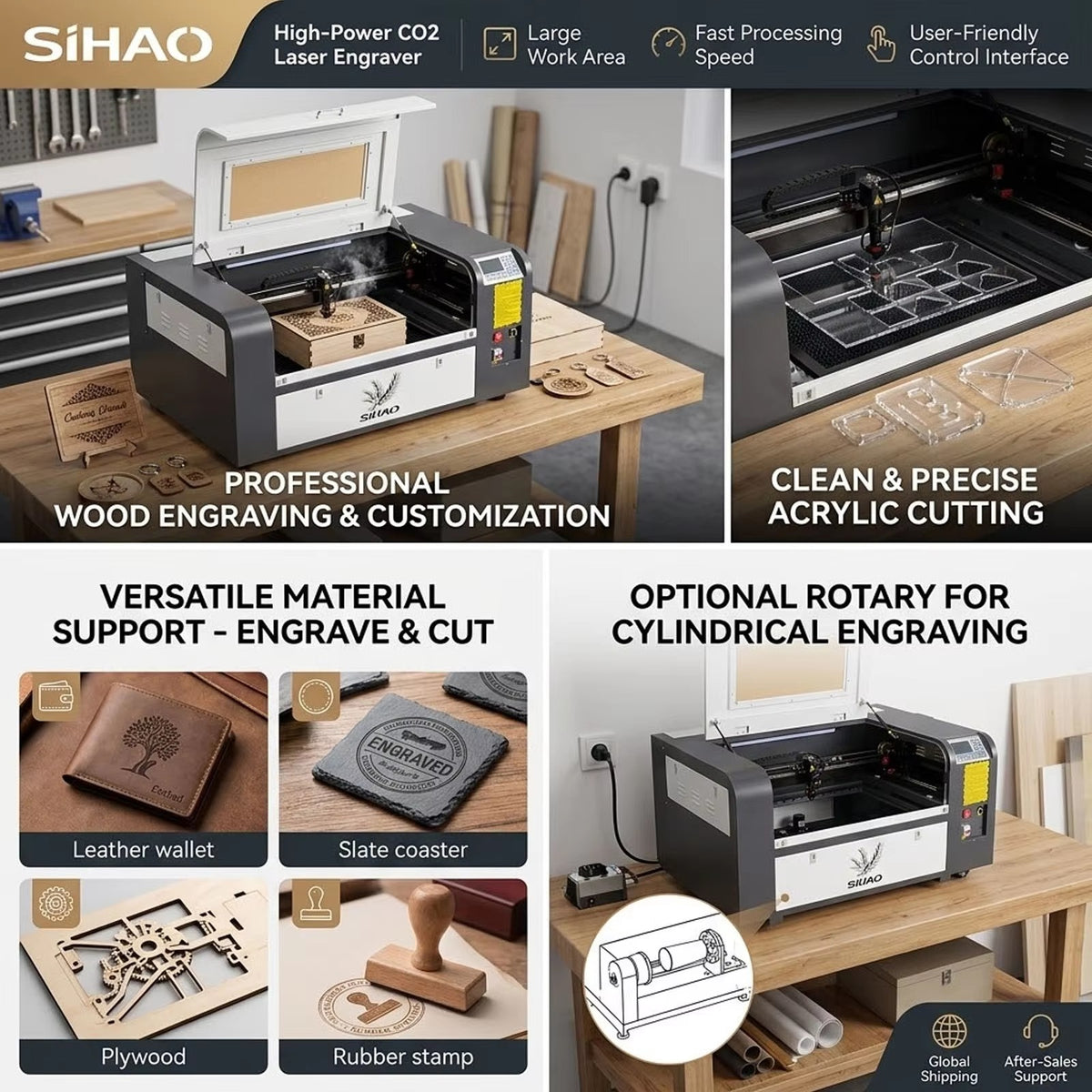 SIHAO CO2 Laser Engraver 60x90cm Laser Cutting Machine with Industrial Digital Control for Wood Acrylic Leather Fabric