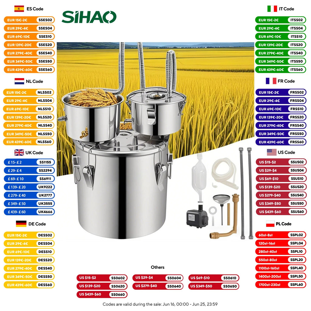 SIHAO Copper & Stainless Steel Moonshine Still – Home Alcohol Distiller with Built-in Thermometer & Condenser for Whiskey, Brandy & Essential Oils