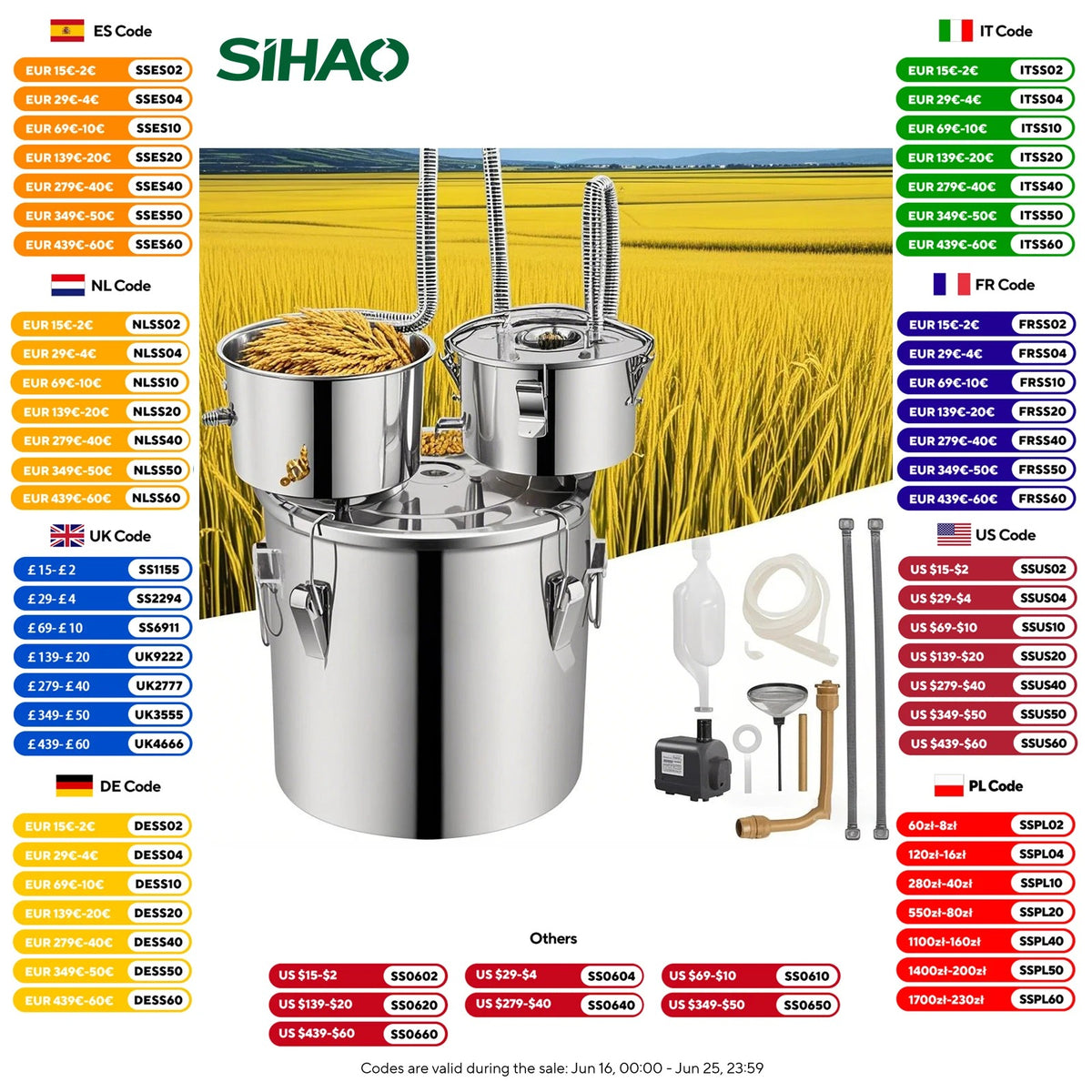 SIHAO Copper & Stainless Steel Moonshine Still – Home Alcohol Distiller with Built-in Thermometer & Condenser for Whiskey, Brandy & Essential Oils