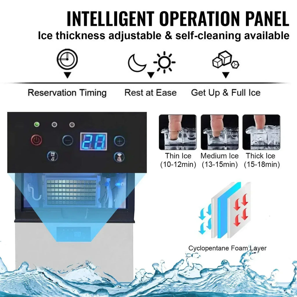 SIHAO 60kg/H Commercial Cube Ice Machine – Heavy-Duty Stainless Steel Unit with Large Storage Bin for Bars, Cafes & Hotels