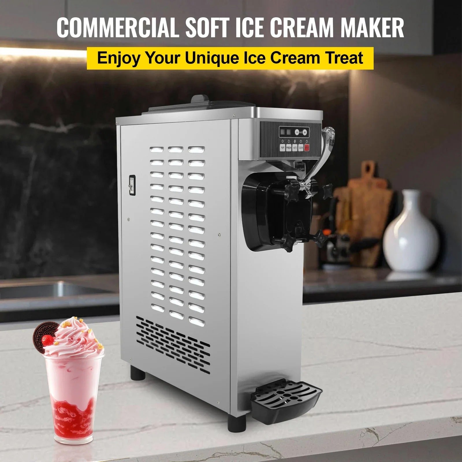 SIHAO 8116F Commercial Soft Serve Ice Cream Machine – Single Head Countertop Maker with Pre-Cooling, Puffing Pump & Low-Mix Alarm for Cafes & Dessert Shops