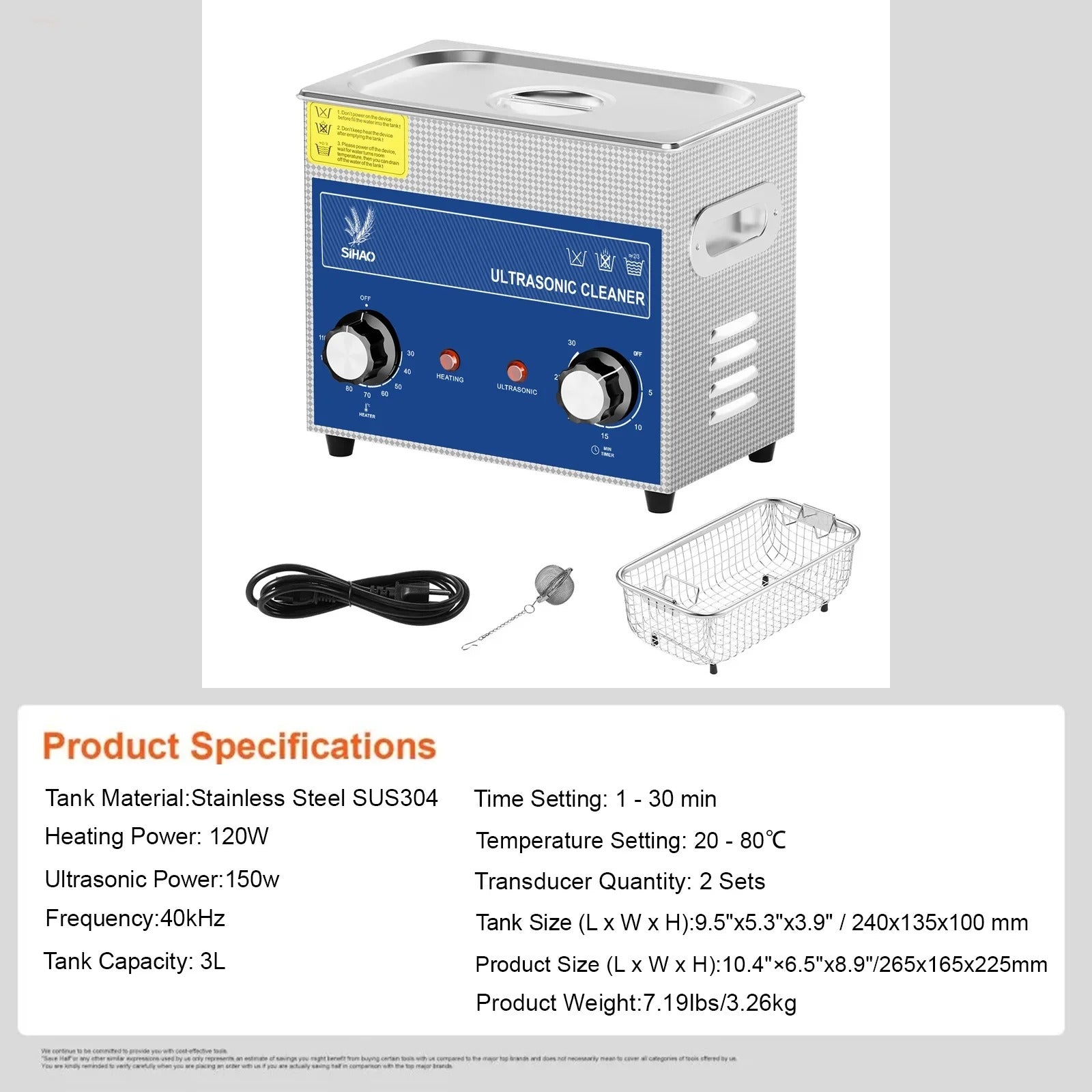 SIHAO 40kHz Ultrasonic Cleaner with Knob Control, Heater & Timer – Available in 2L To 30L Capacities, Ideal for Jewelry, Eyeglasses, Dentures, and Musical Instruments