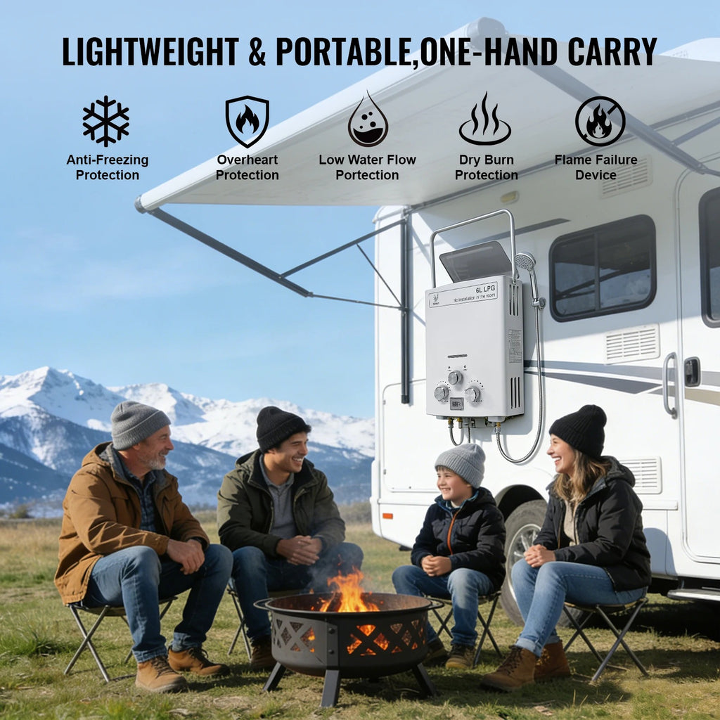 SIHAO 6L Portable Tankless Gas Water Heater with Digital Display & Shower Head – Propane Camping Shower, Outdoor Travel Hot Water System with Pressure Regulator