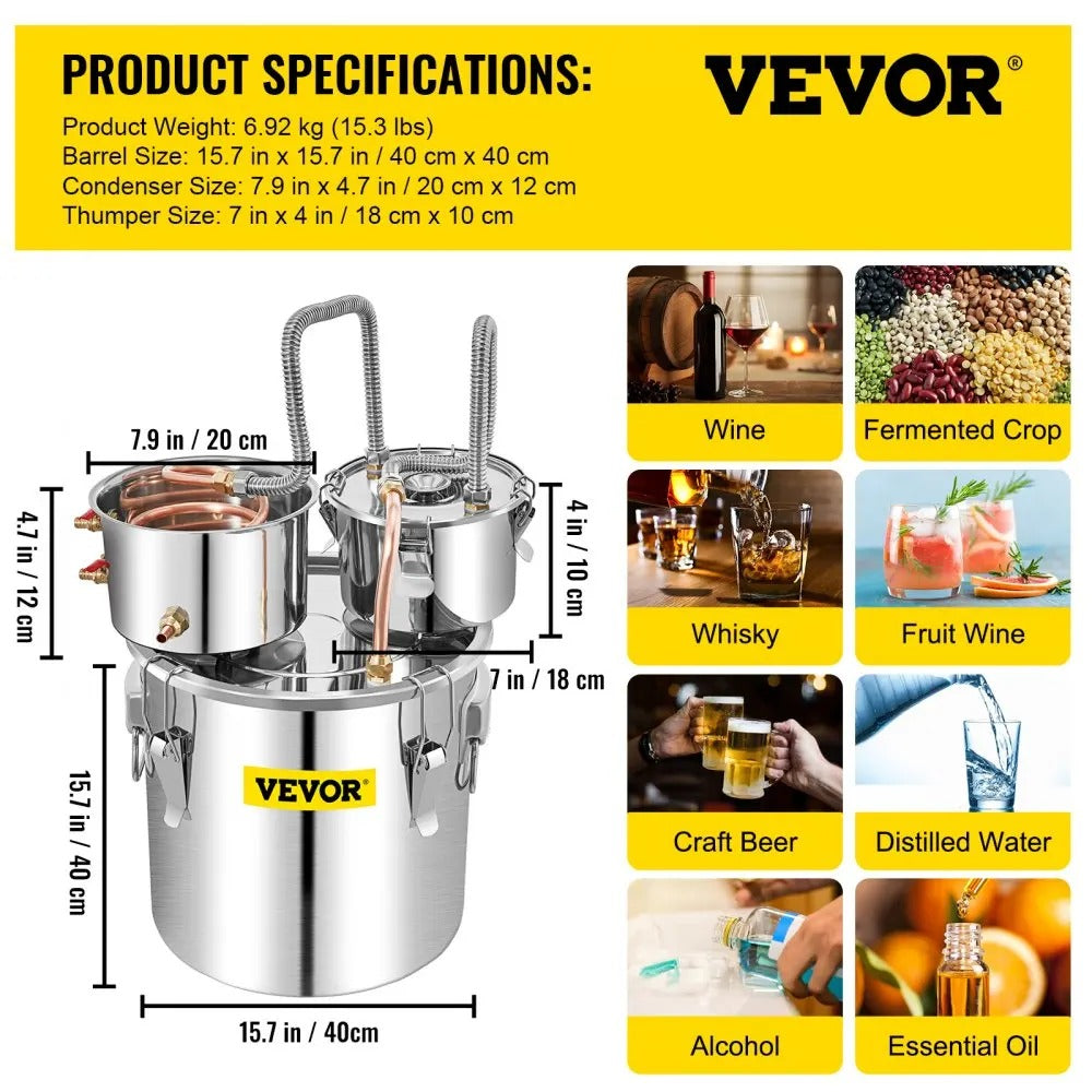 SIHAO Copper & Stainless Steel Moonshine Still – Home Alcohol Distiller with Built-in Thermometer & Condenser for Whiskey, Brandy & Essential Oils