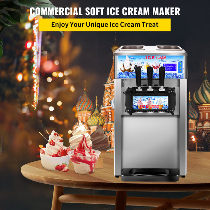 VEVOR Commercial Soft Serve Ice Cream Machine - Tri-Flavor 18L/H with LCD Display & One-Touch Cleaning for Dessert Shops, Cafes