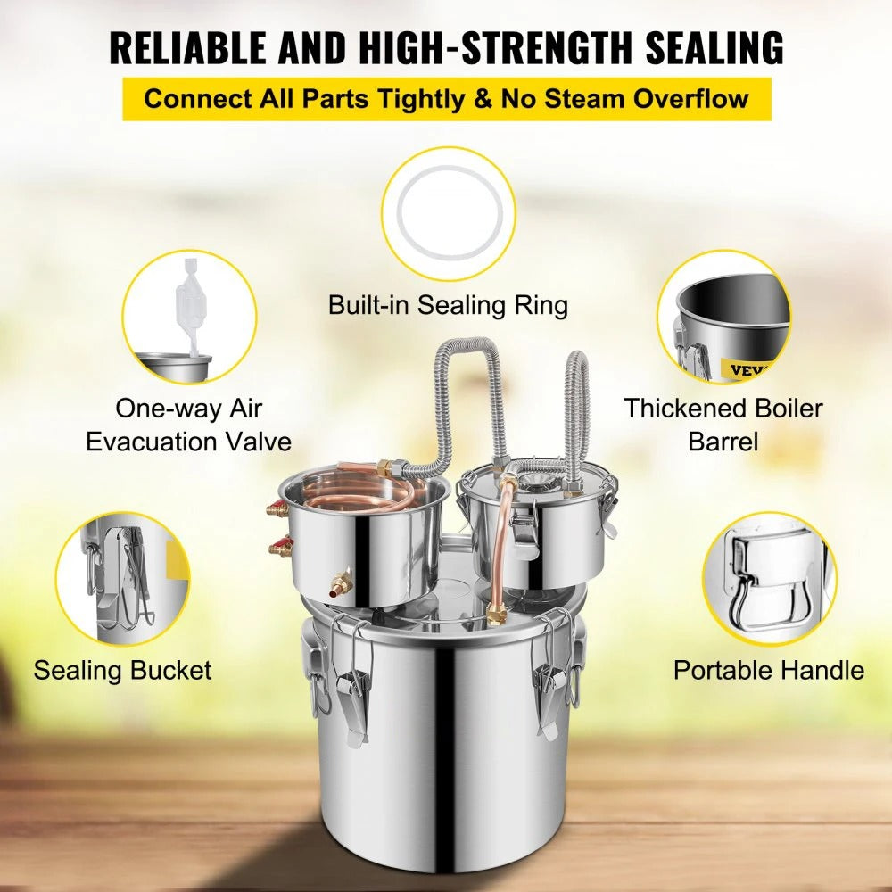 SIHAO Copper & Stainless Steel Moonshine Still – Home Alcohol Distiller with Built-in Thermometer & Condenser for Whiskey, Brandy & Essential Oils