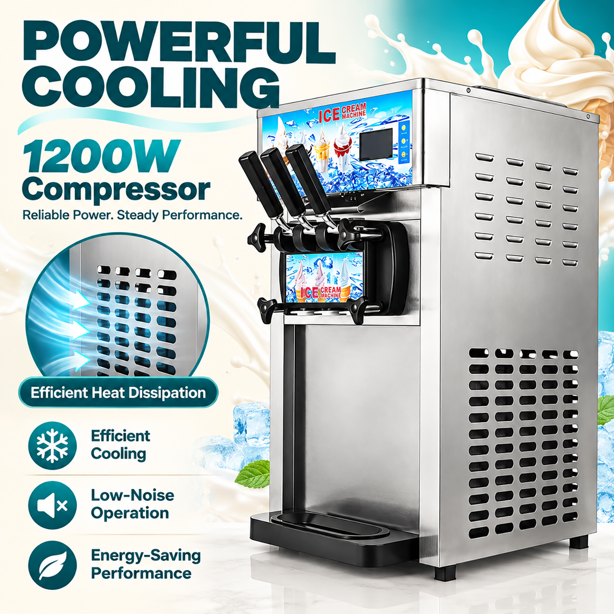 SIHAO ZM-A168 Commercial Soft Serve Ice Cream Machine | 3 Flavors, Pre-Cooling, Tabletop