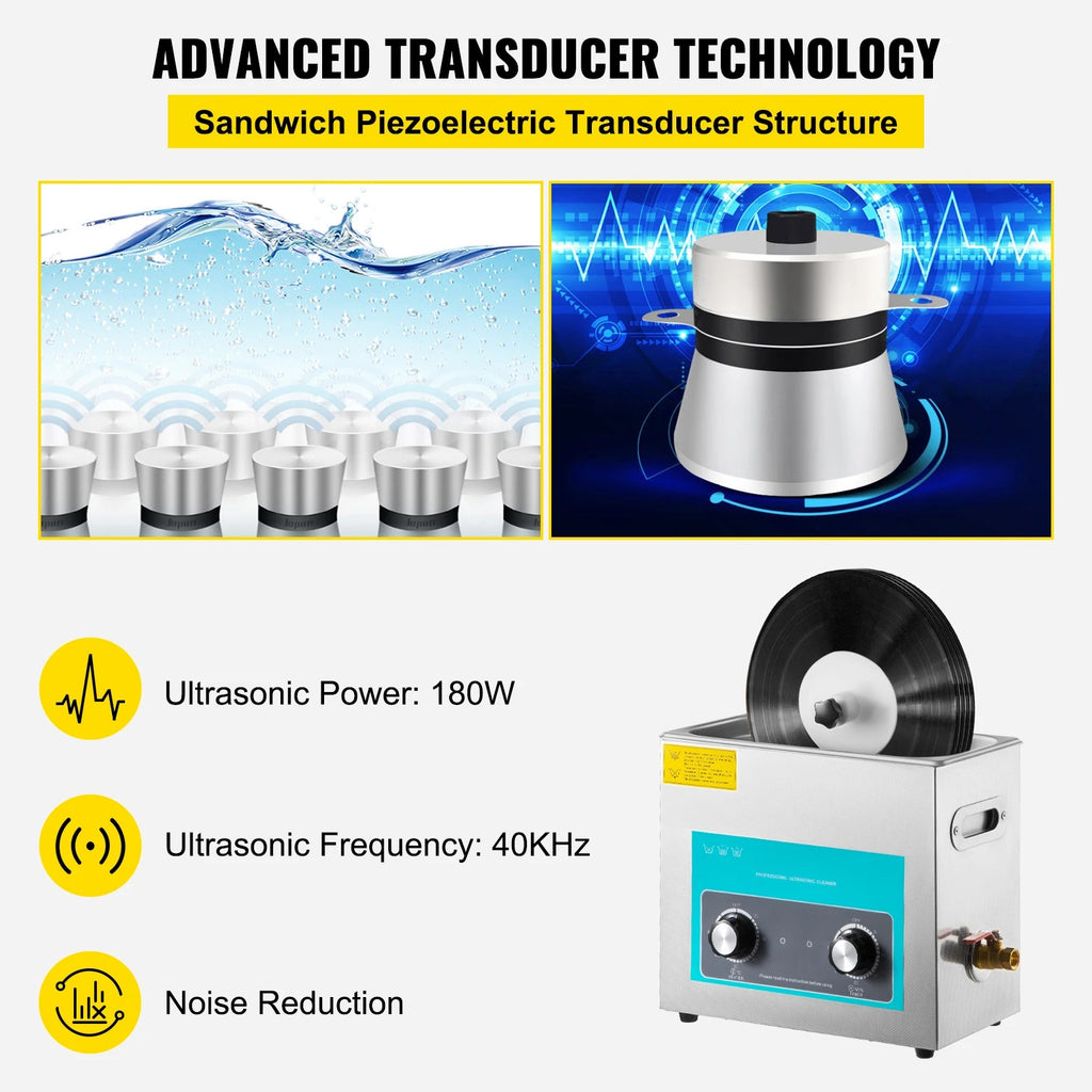 SIHAO 6L Ultrasonic Record Cleaner – 180W 40kHz Deep Cleaning System with Heat, Timer & Analog Knob for 8 Vinyls At Once, Safe for LP Restoration